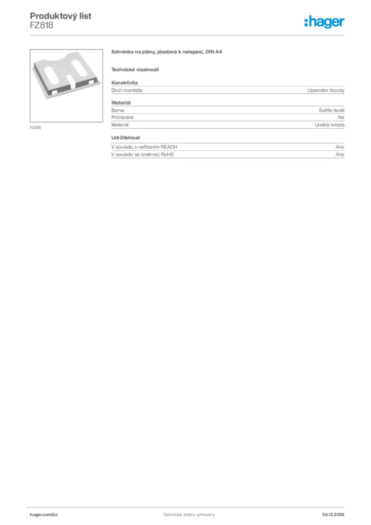 Obrázek Hager Product data sheet FZ818 | Hager