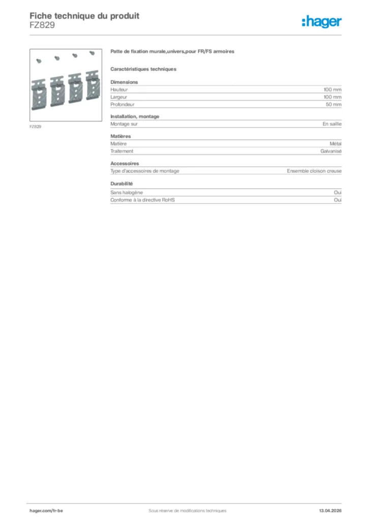 Image Hager Fiche technique du produit FZ829 | Hager Belgique