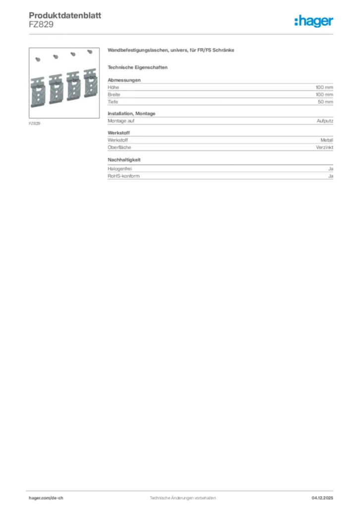 Bild Hager Produktdatenblatt FZ829 | Hager Schweiz