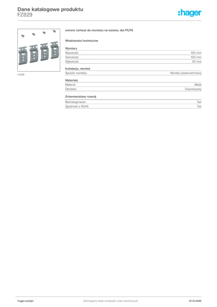 Zdjęcie Hager Dane katalogowe produktu FZ829 | Hager Polska
