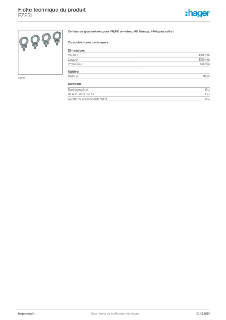 Image Hager Fiche technique du produit FZ831 | Hager France