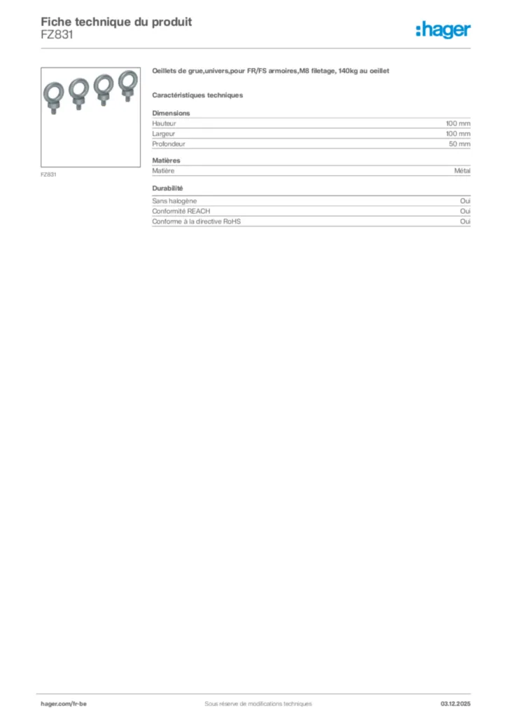 Image Hager Fiche technique du produit FZ831 | Hager Belgique