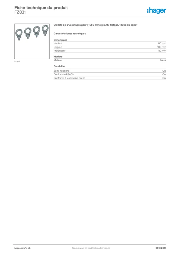 Image Hager Fiche technique du produit FZ831 | Hager Suisse