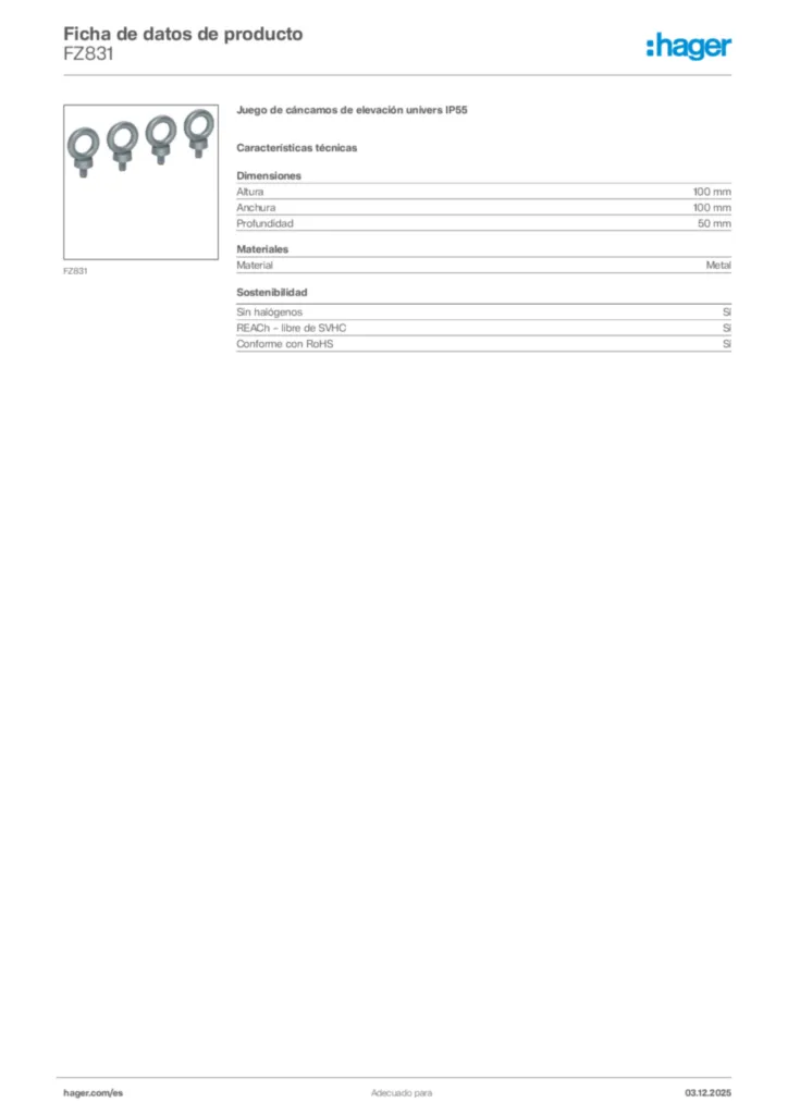 Imagen Hager Ficha de datos de producto FZ831 | Hager España