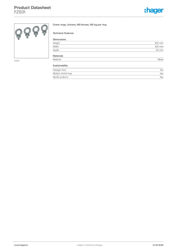 Image Hager Product data sheet FZ831  | Hager
