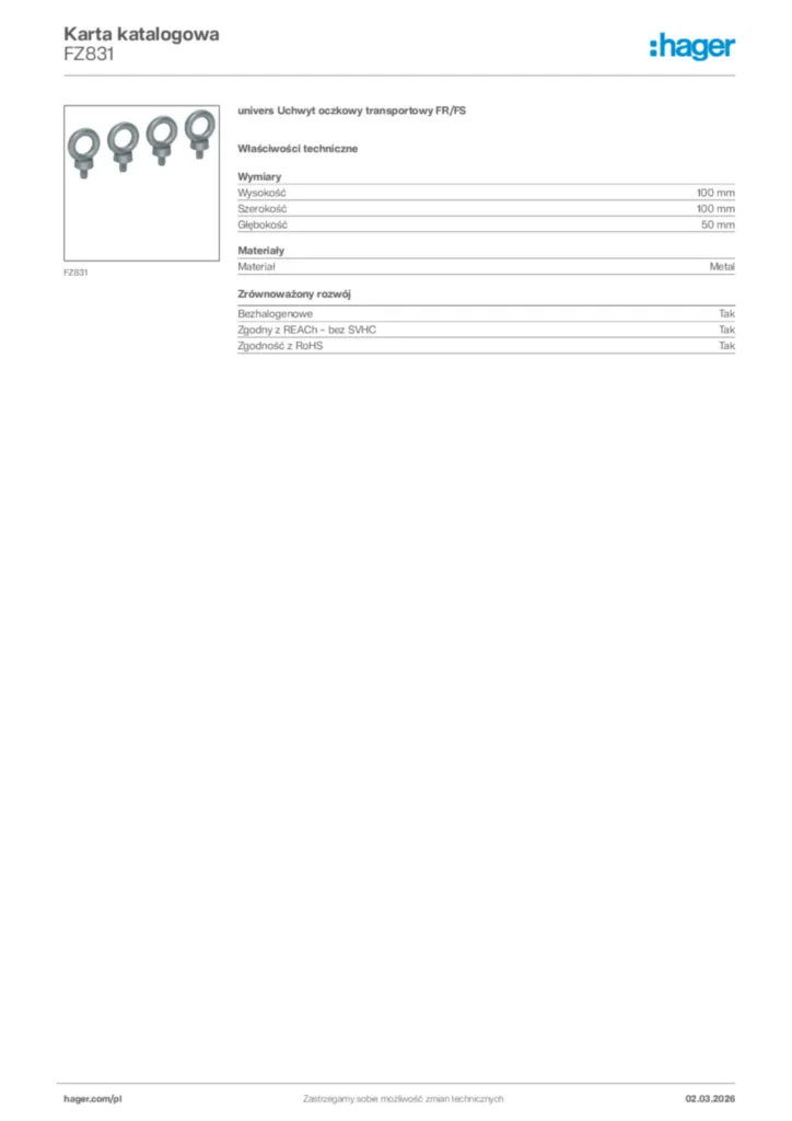Zdjęcie Hager Karta katalogowa FZ831 | Hager Polska