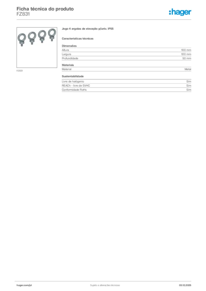 Imagem Hager Ficha técnica do produto FZ831 | Hager Portugal