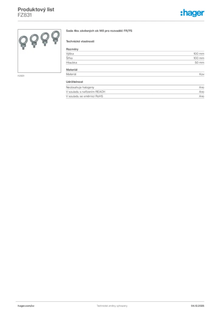 Obrázek Hager Product data sheet FZ831 | Hager