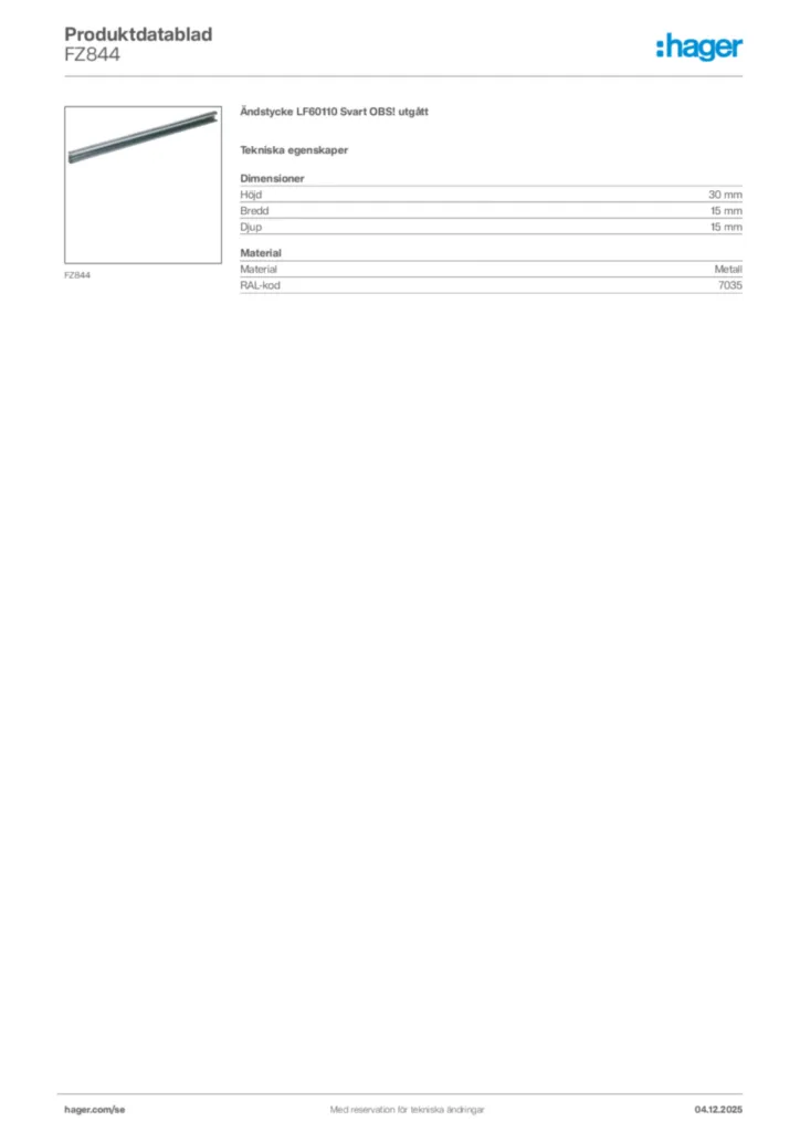 Bild Hager Produktdatablad FZ844 | Hager Sverige