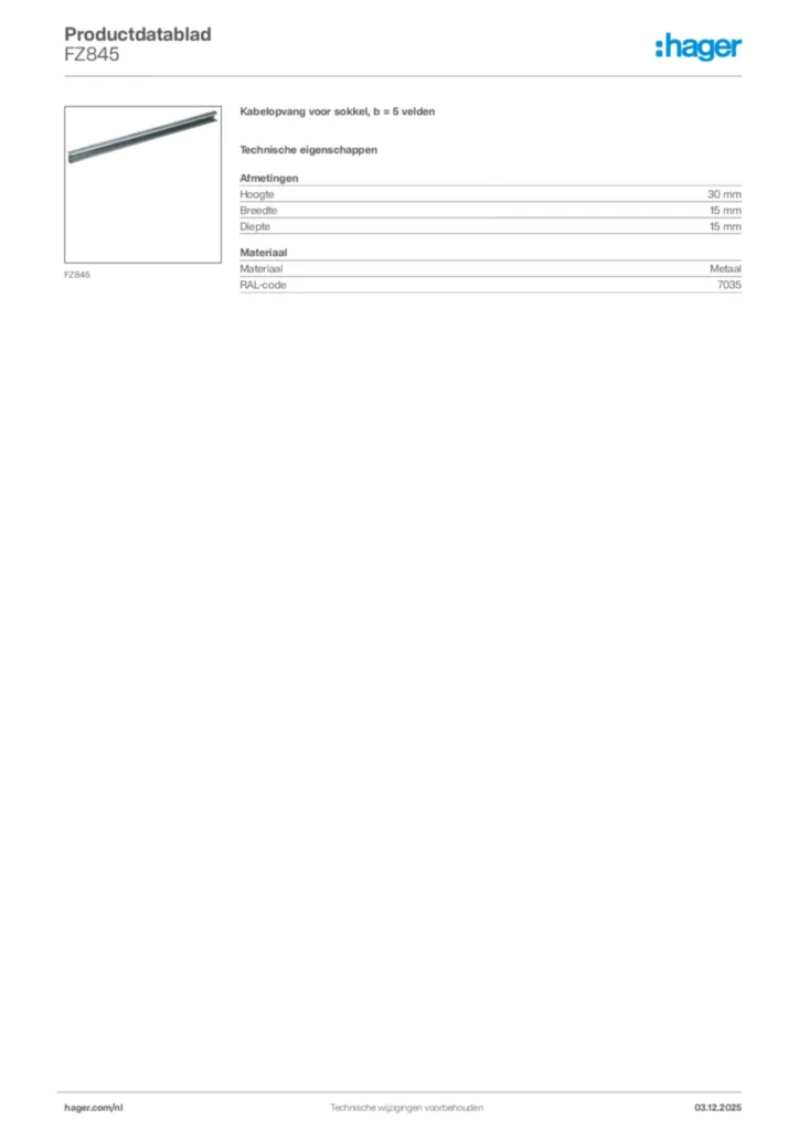 Afbeelding Hager Productdatablad FZ845 | Hager Nederland