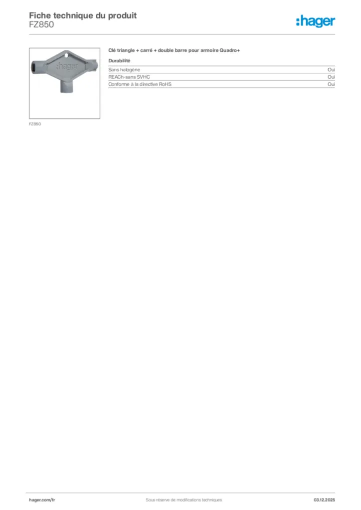 Image Hager Fiche technique du produit FZ850 | Hager France