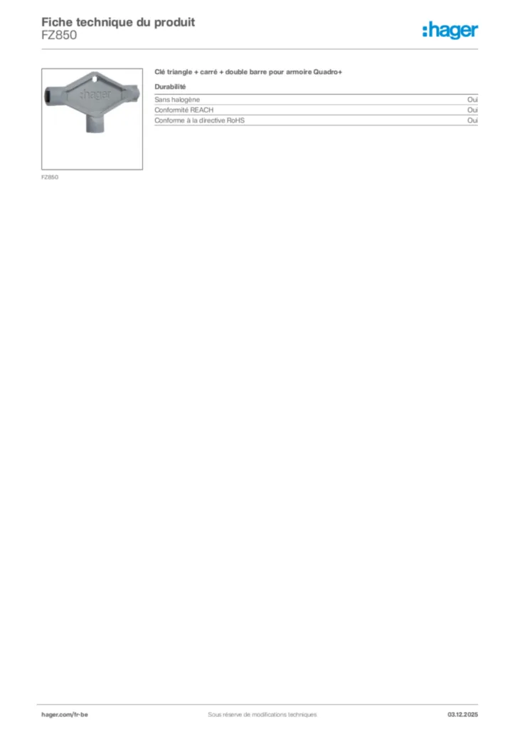 Image Hager Fiche technique du produit FZ850 | Hager Belgique
