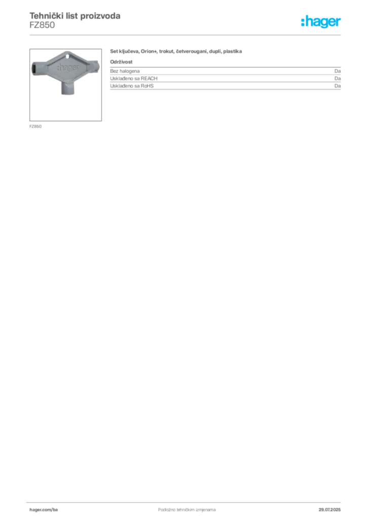Slika Hager Product data sheet FZ850  | Hager