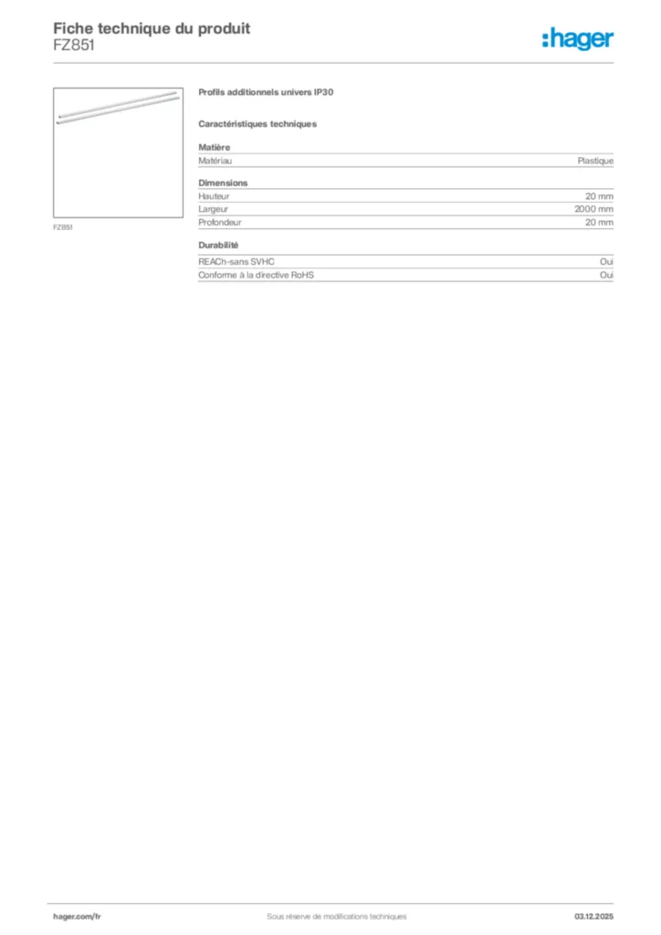 Image Hager Fiche technique du produit FZ851 | Hager France