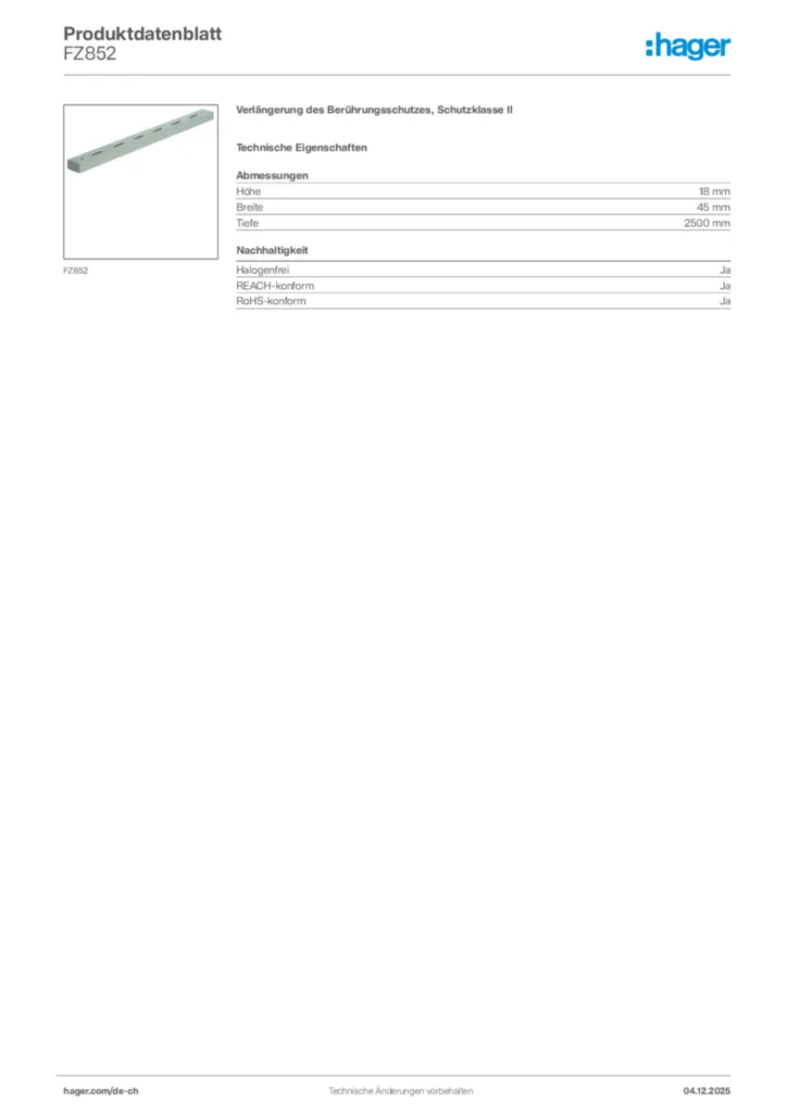 Bild Hager Produktdatenblatt FZ852 | Hager Schweiz