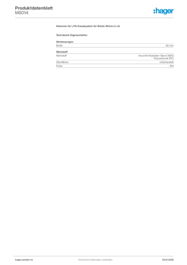 Bild Hager Produktdatenblatt M6014 | Hager Schweiz