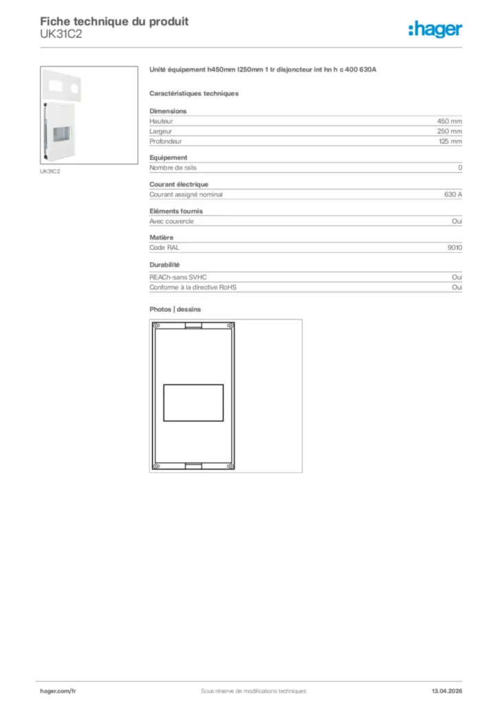 Image Hager Fiche technique du produit UK31C2 | Hager France