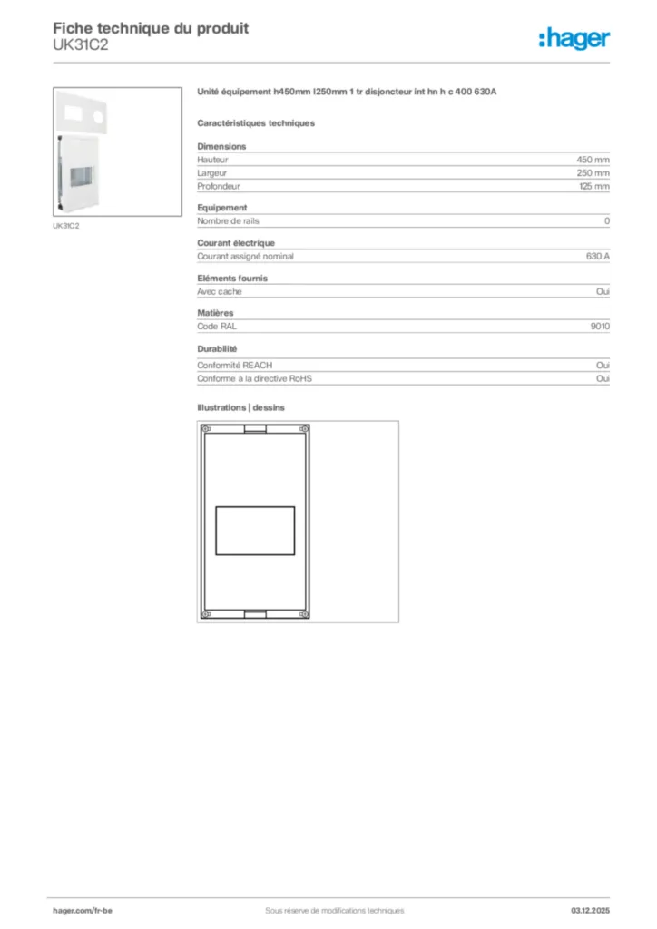 Image Hager Fiche technique du produit UK31C2 | Hager Belgique