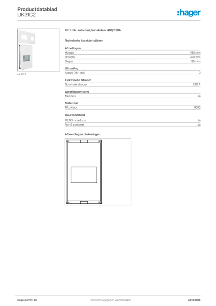 Afbeelding Hager Productdatablad UK31C2 | Hager Belgium