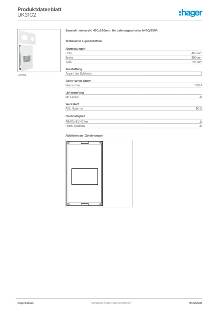 Bild Hager Produktdatenblatt UK31C2 | Hager Deutschland