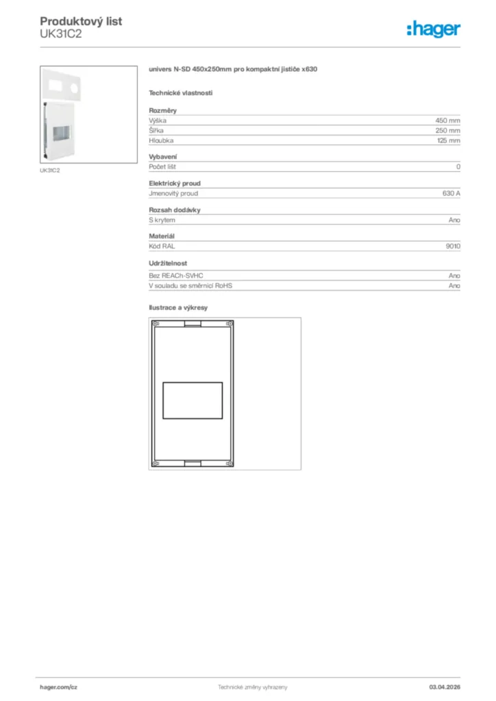 Obrázek Hager Product data sheet UK31C2 | Hager