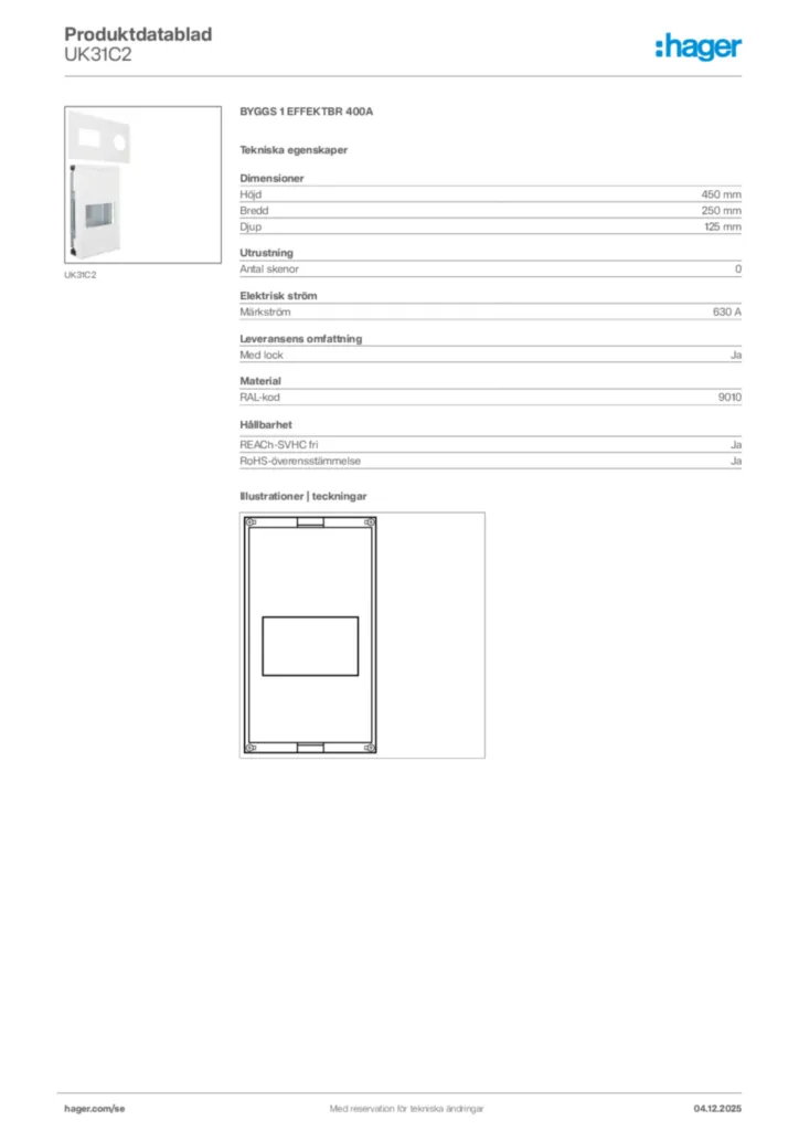Bild Hager Produktdatablad UK31C2 | Hager Sverige