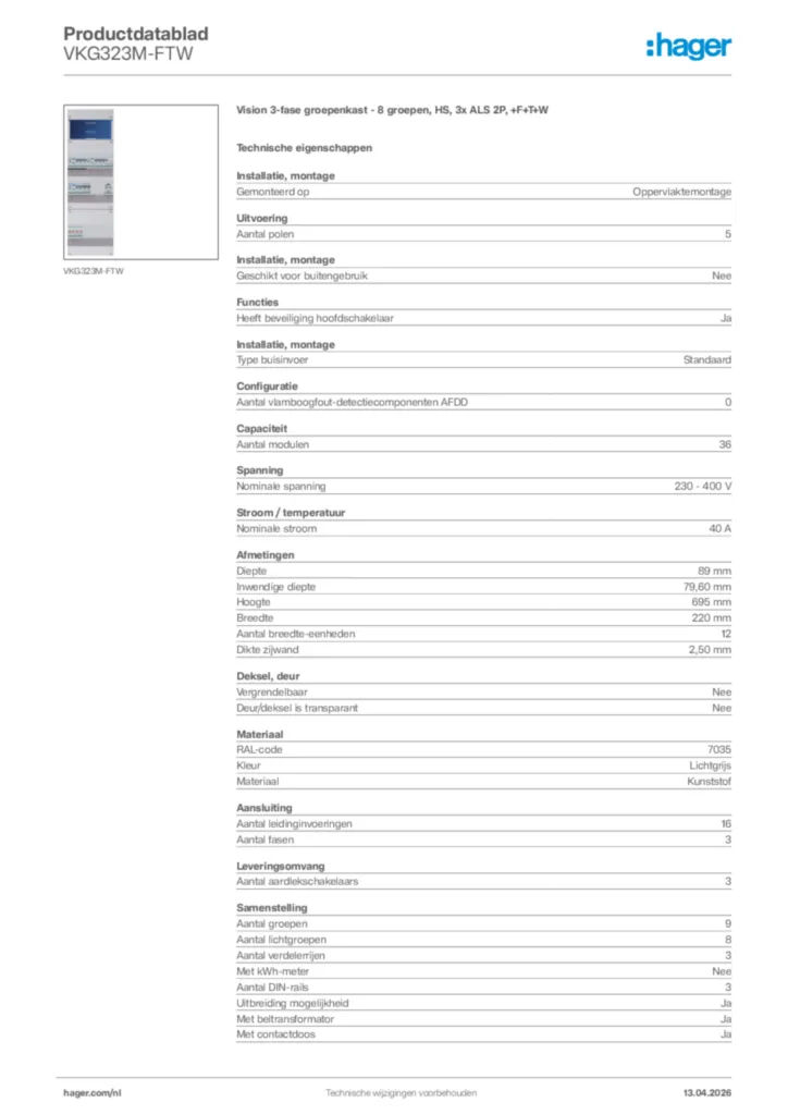 Afbeelding Hager Productdatablad VKG323M-FTW | Hager Nederland