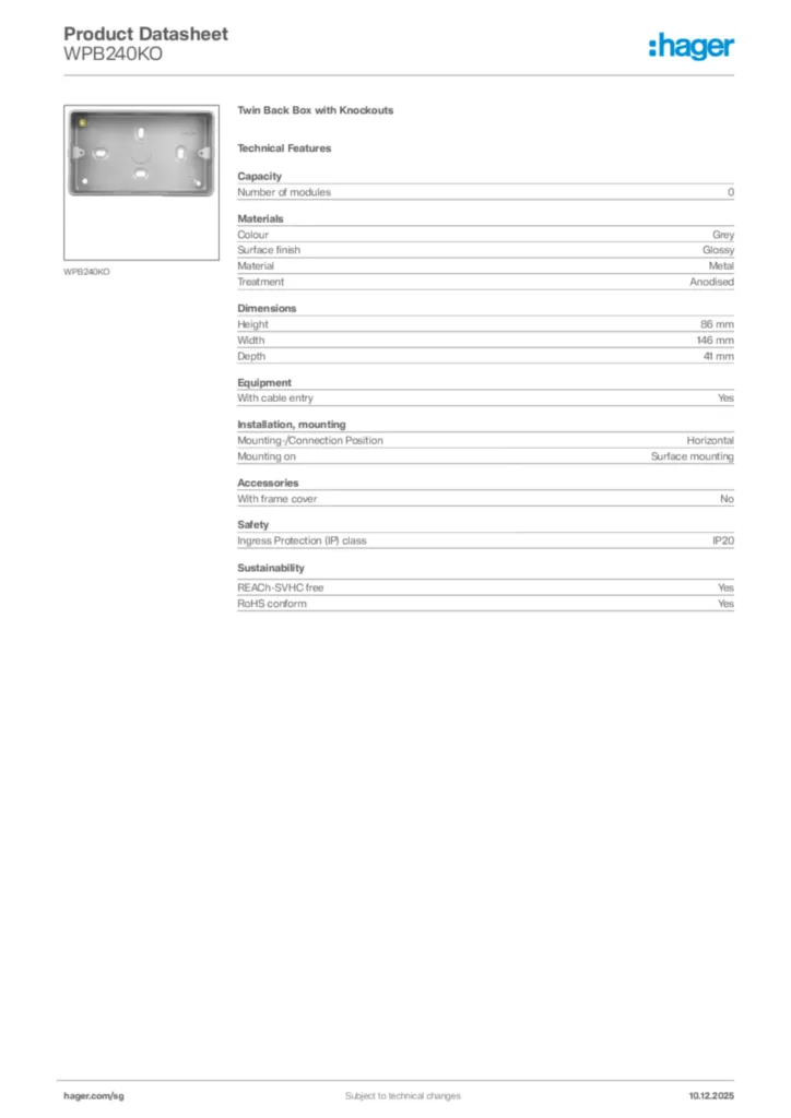 Image Hager Product data sheet WPB240KO  | Hager