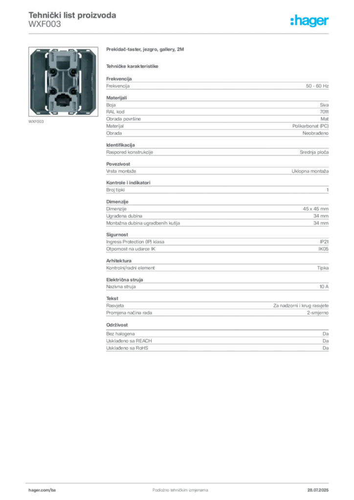 Slika Hager Product data sheet WXF003  | Hager