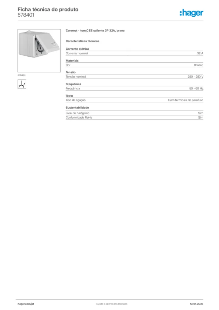 Imagem Hager Ficha técnica do produto 578401 | Hager Portugal