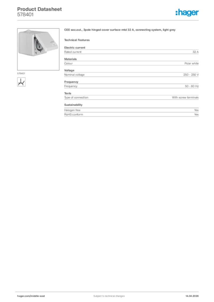 Image Hager Product data sheet 578401  | Hager