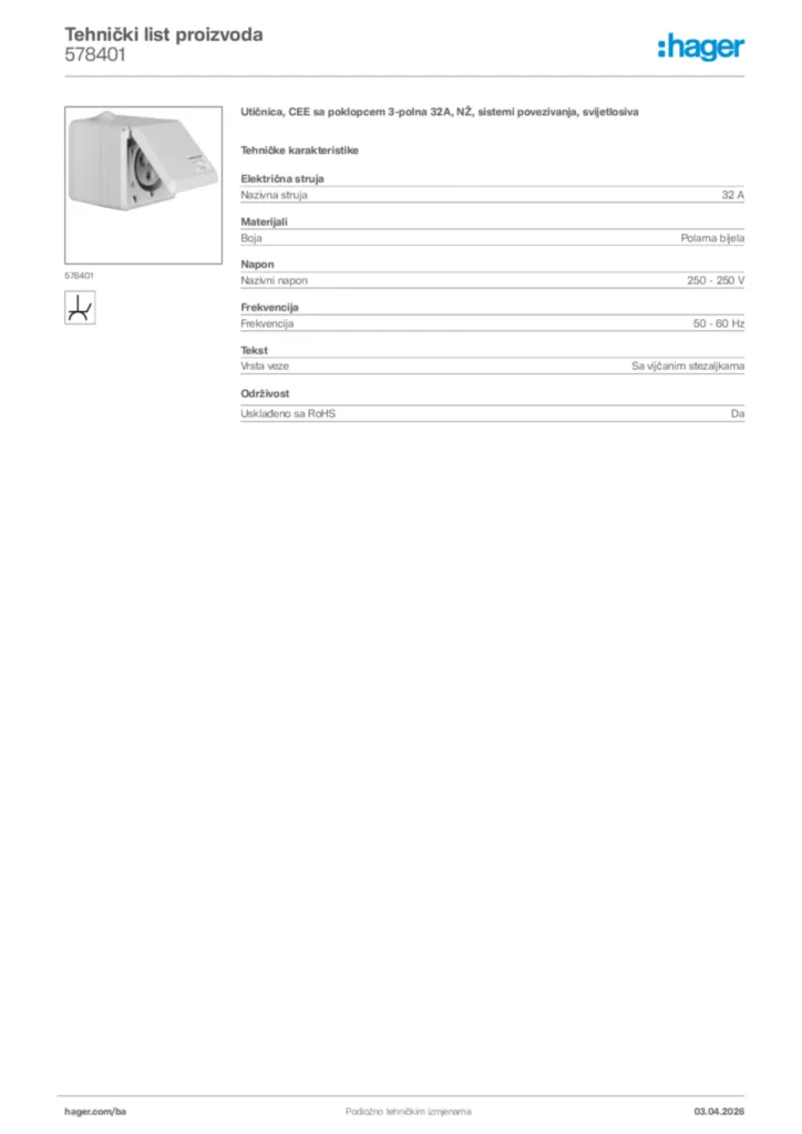 Slika Hager Tehnički list proizvoda 578401  | Hager
