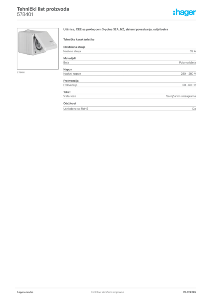 Slika Hager Product data sheet 578401  | Hager