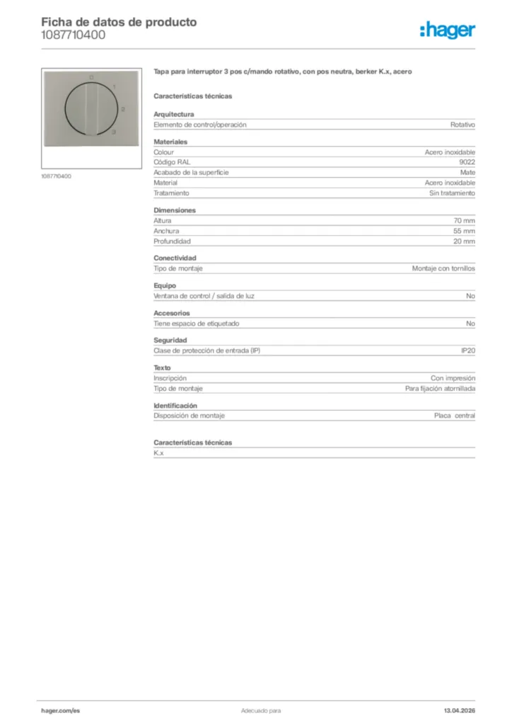 Imagen Hager Ficha de datos de producto 1087710400 | Hager España