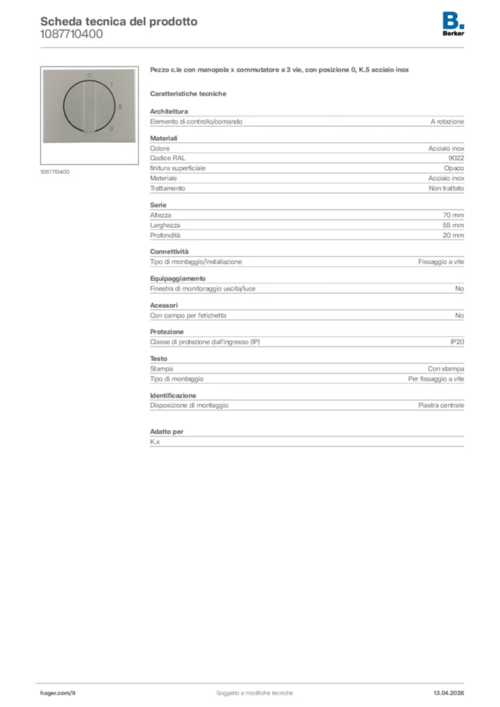Immagine Berker Scheda tecnica del prodotto 1087710400 | Hager Italia