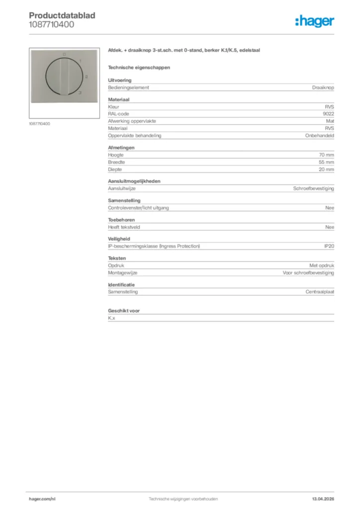 Afbeelding Hager Productdatablad 1087710400 | Hager Nederland