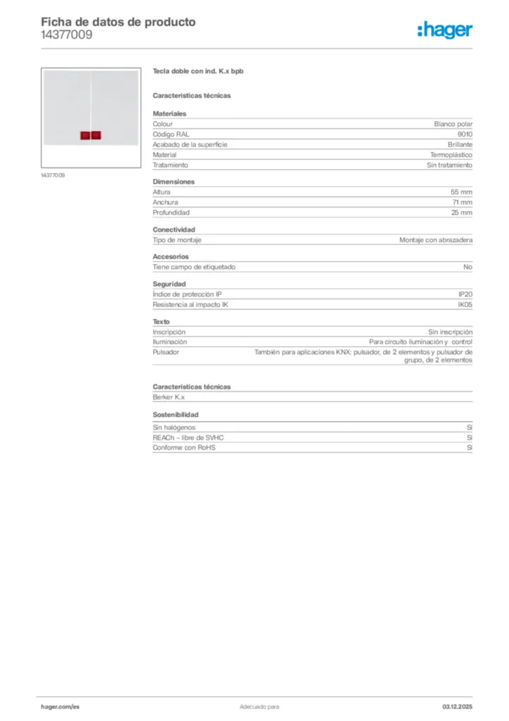 Imagen Hager Ficha de datos de producto 14377009 | Hager España