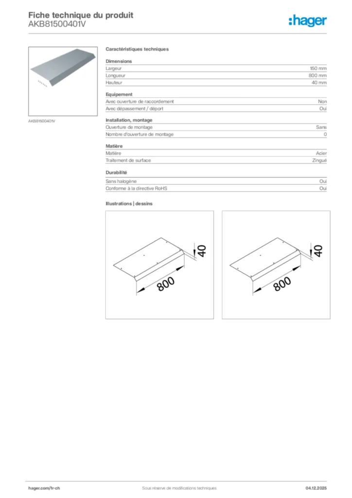 Image Hager Fiche technique du produit AKB81500401V | Hager Suisse