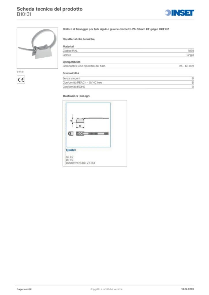 Immagine Inset Scheda tecnica del prodotto B10131 | Hager Italia