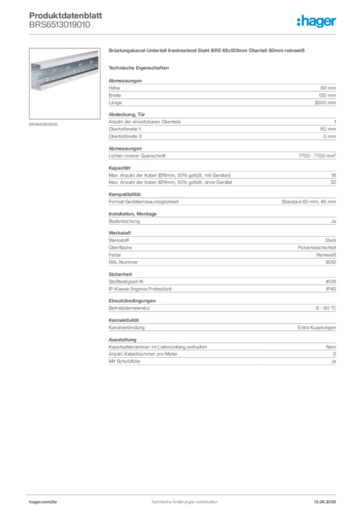 Bild Hager Produktdatenblatt BRS6513019010 | Hager Deutschland