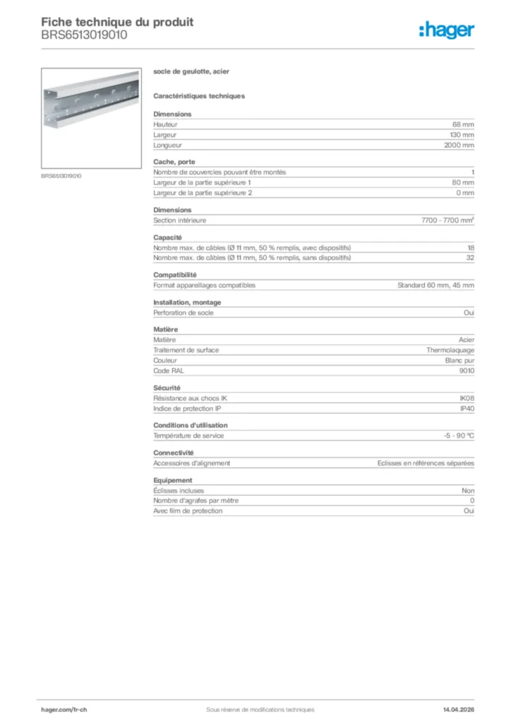 Image Hager Fiche technique du produit BRS6513019010 | Hager Suisse