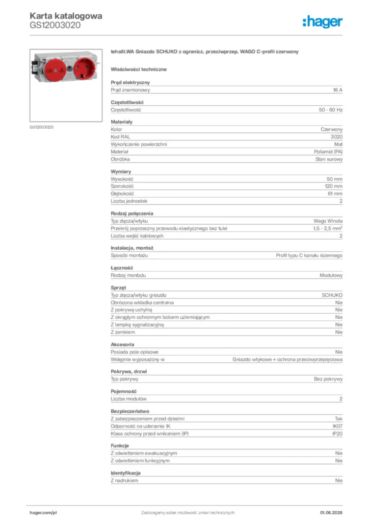 Zdjęcie Hager Karta katalogowa GS12003020 | Hager Polska