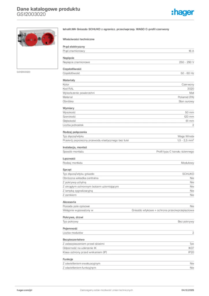 Zdjęcie Hager Dane katalogowe produktu GS12003020 | Hager Polska