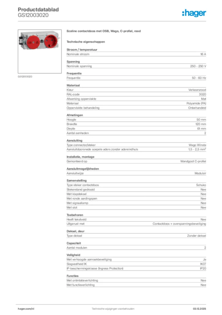 Afbeelding Hager Productdatablad GS12003020 | Hager Nederland