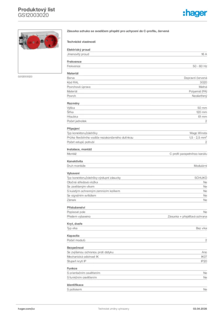 Obrázek Hager Product data sheet GS12003020 | Hager