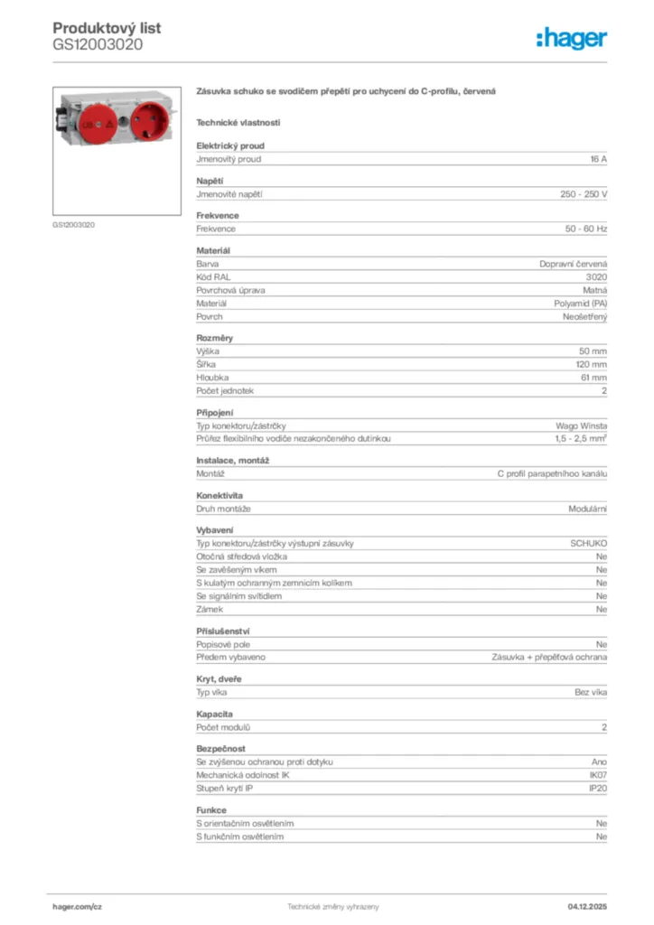 Obrázek Hager Produktový list GS12003020 | Hager