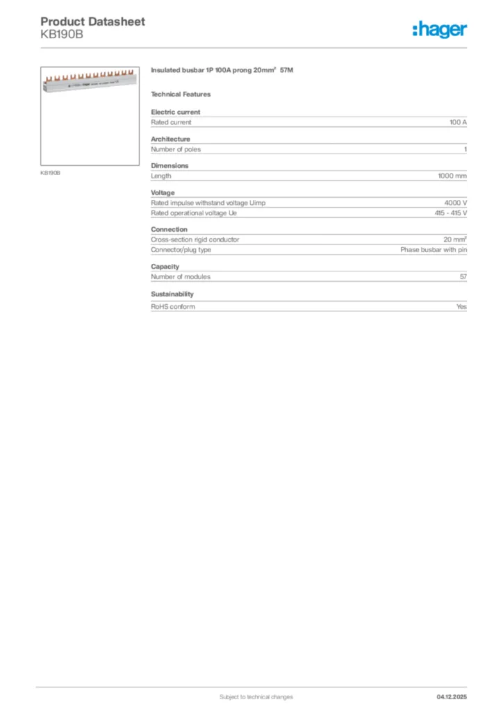 Image Hager Product data sheet KB190B  | Hager Africa