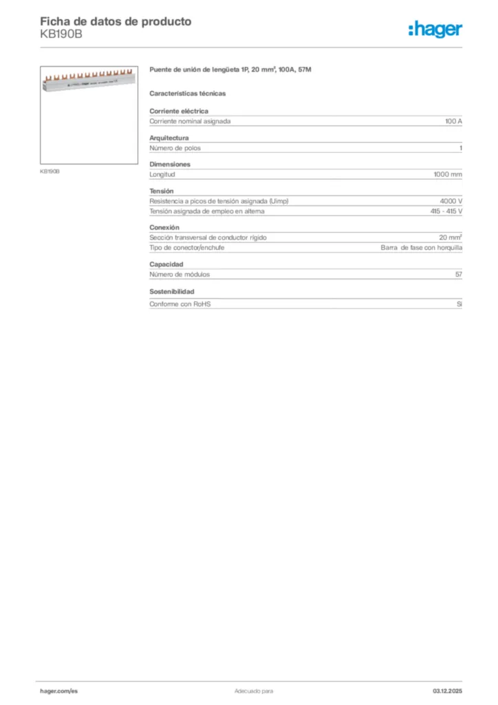Imagen Hager Ficha de datos de producto KB190B | Hager España