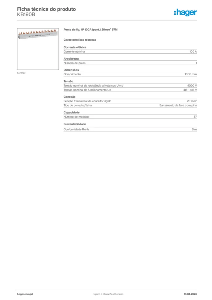 Imagem Hager Ficha técnica do produto KB190B | Hager Portugal