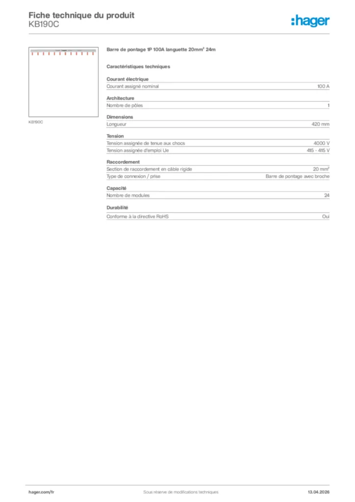 Image Hager Fiche technique du produit KB190C | Hager France